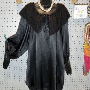 Vintage Cabernet Black Satin Lace & Beaded Gown Nightie Lingerie Sz Small